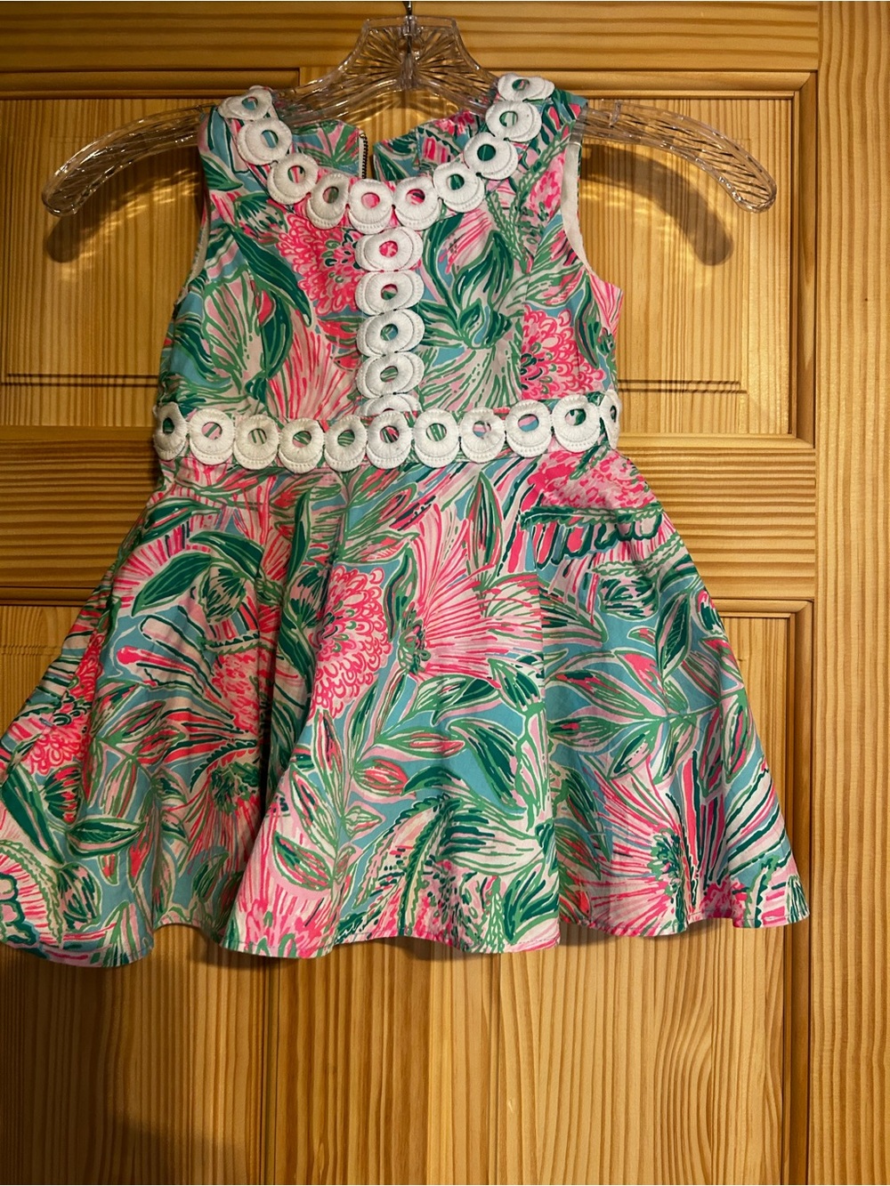 Girls Pink & Teal Floral Fit-and-Flare Dress with White Trim